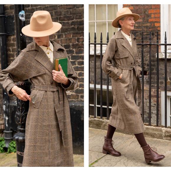 Miss Patina London Holmes Trench Coat One Size Brown Tweed Wool Blend Lined - Picture 1 of 14